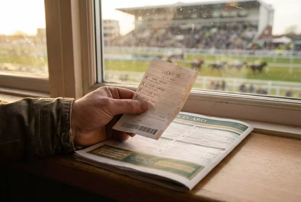 Lucky 15 multi-bet slip on horse racing racecard